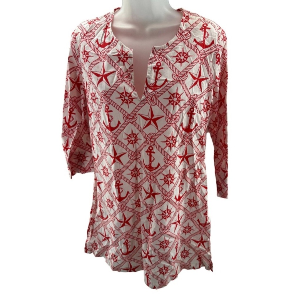 Gretchen Scott Red White Nautical Anchor Tunic Top Beach Cover Up Small